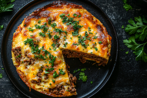 Фастфуд в домашнем формате: пирог &laquo;Биг Мак&raquo;. Сочный фарш, плавленый сыр и хрустящие тортильи. Готовится в духовке